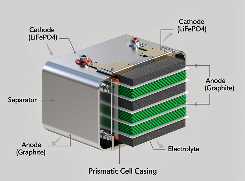 Cross-section view of LiFePO4 prismatic battery cell showing internal structure