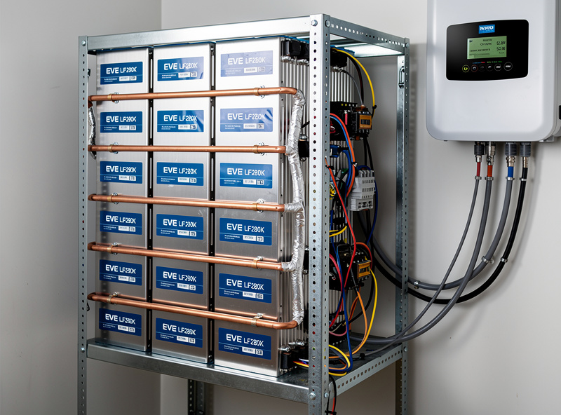 Rack of EVE LF280K LiFePO4 cells in DIY battery bank assembly