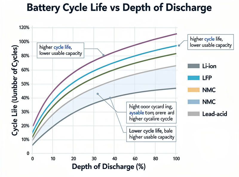 Battery cycle life comparison chart showing depth-of-discharge impact on cycle count