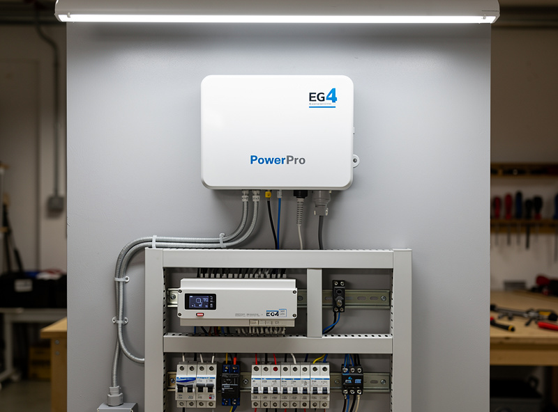 Wall mounted EG4 PowerPro home battery storage system with cable connections visible and inverter installation in an electrical panel area