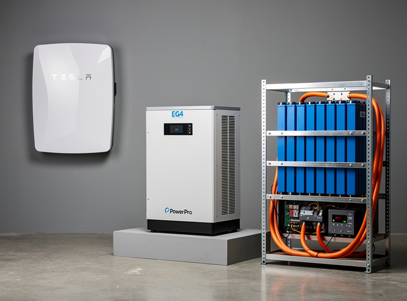 Workshop with multiple battery storage system examples on display: a Tesla Powerwall 3 wall mount, an EG4 PowerPro, server rack batteries, and a DIY EVE cell build all visible