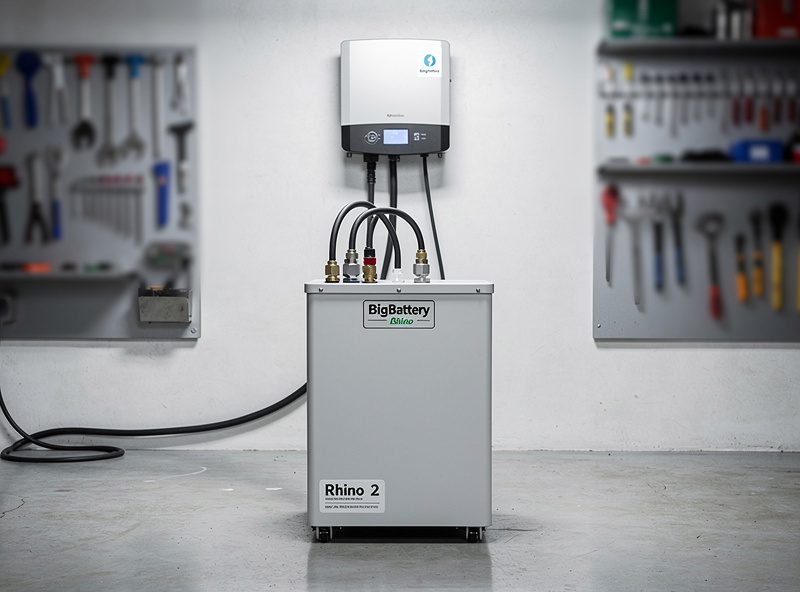 BigBattery Rhino 2 freestanding floor mounted battery storage unit in a basement utility room with cable connections visible going to a hybrid inverter