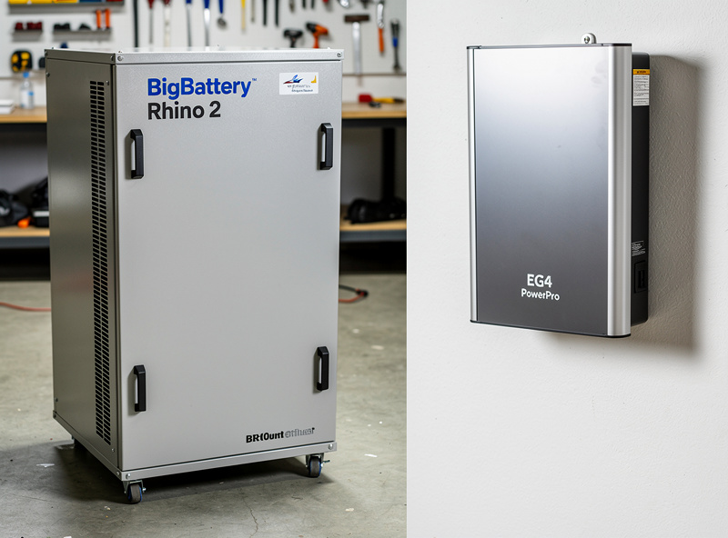 Side by side comparison of BigBattery Rhino 2 freestanding battery and EG4 PowerPro WallMount battery showing different form factors and installation styles