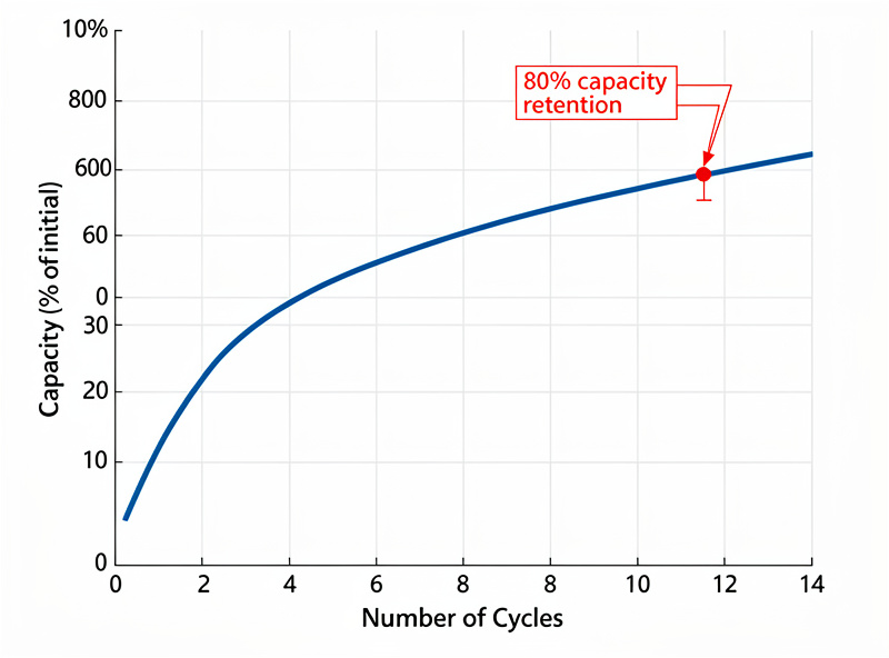LiFePO4 cell capacity degradation curve over cycles showing 80 percent capacity retention point