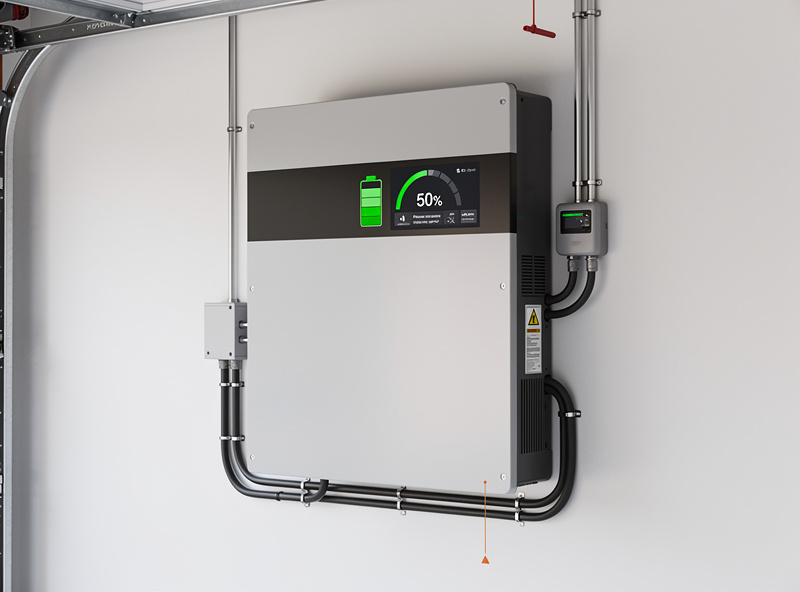 Properly oversized home battery system showing reserve capacity unused, dashboard at 50 percent SOC