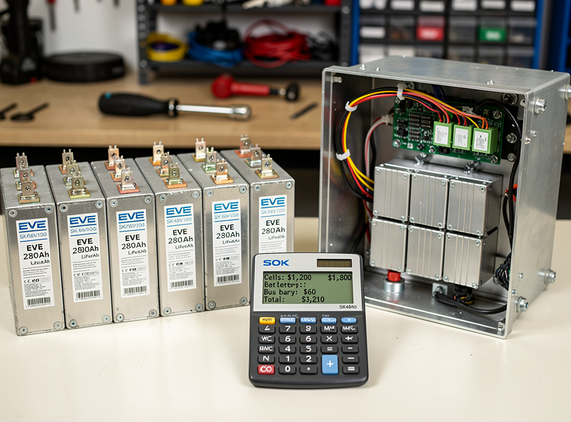 Workshop with DIY EVE 280Ah cells laid out next to a SOK SK48V100 prebuilt battery for cost comparison purposes with calipers and tools