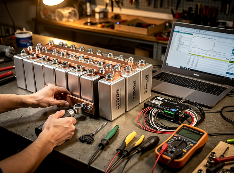 Workshop with a DIY EVE 280Ah battery build in progress showing 16 prismatic LiFePO4 cells being assembled with busbars and the JK BMS being programmed on a laptop