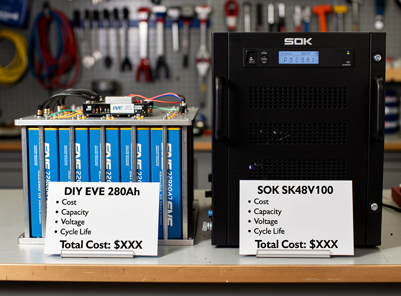 Side by side cost comparison display of finished DIY EVE 280Ah battery build and a prebuilt SOK SK48V100 unit in a workshop with prices labeled