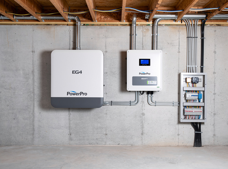 EG4 PowerPro WallMount battery storage system mounted on a basement wall with cable connections going to an EG4 18kPV hybrid inverter installed nearby