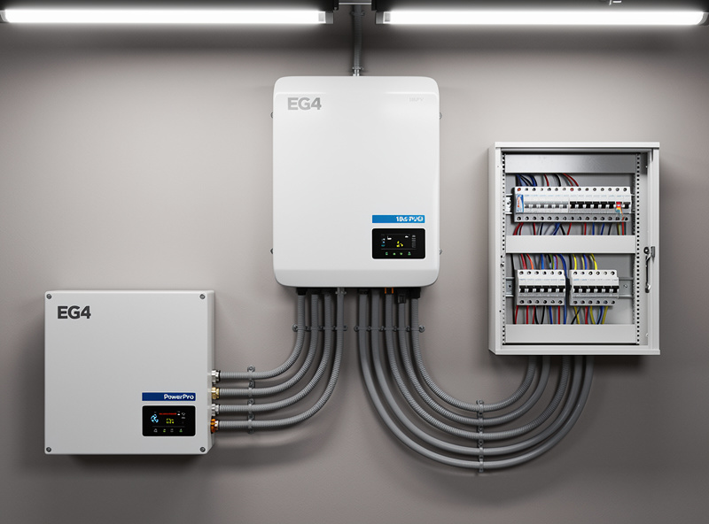 EG4 18kPV hybrid inverter mounted on a wall with multiple cable conduits going to an EG4 PowerPro battery and a residential electrical panel