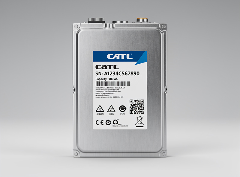CATL prismatic battery cell with serial number and capacity rating visible