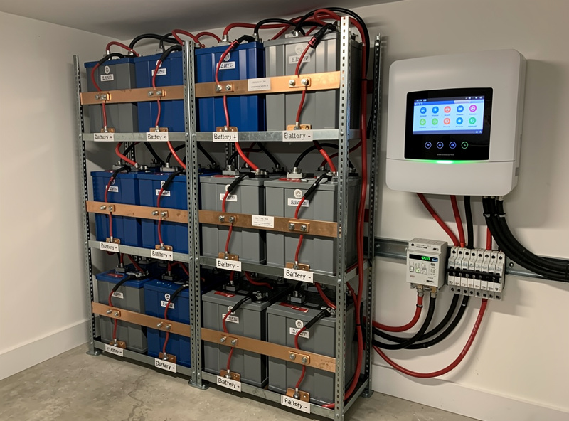 DIY home battery bank assembly with multiple LiFePO4 cells racked together