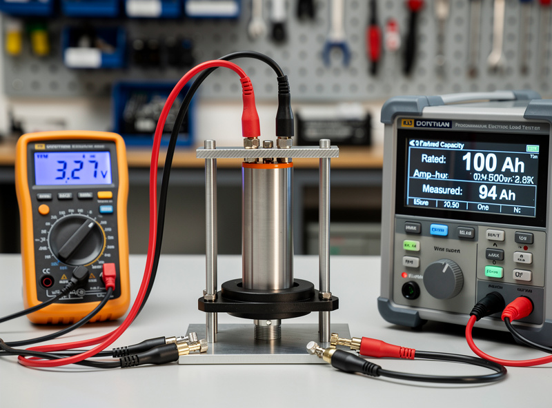 Capacity test rig measuring LiFePO4 cell with multimeter and load tester