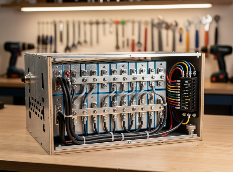 Final assembled DIY 16-cell LiFePO4 battery bank with BMS connected, professional installation