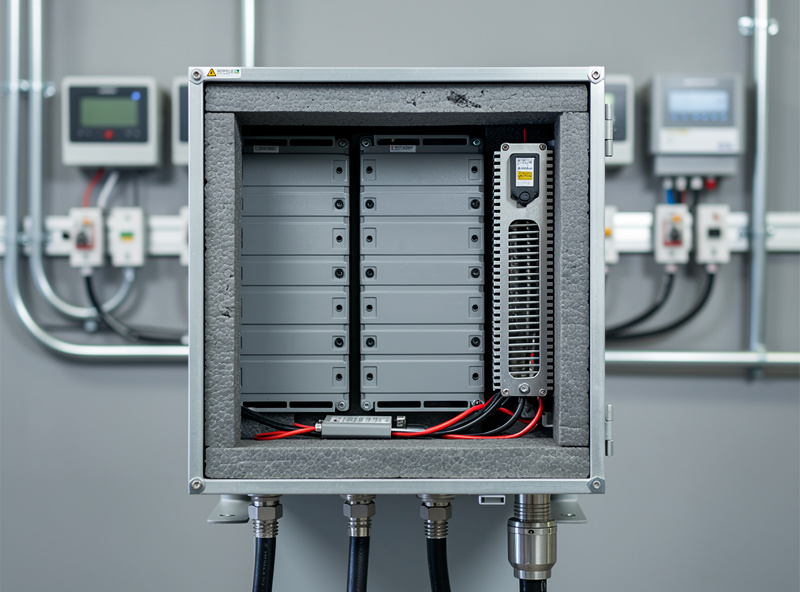 Insulated battery enclosure with internal heater visible, professional cold-climate solar installation