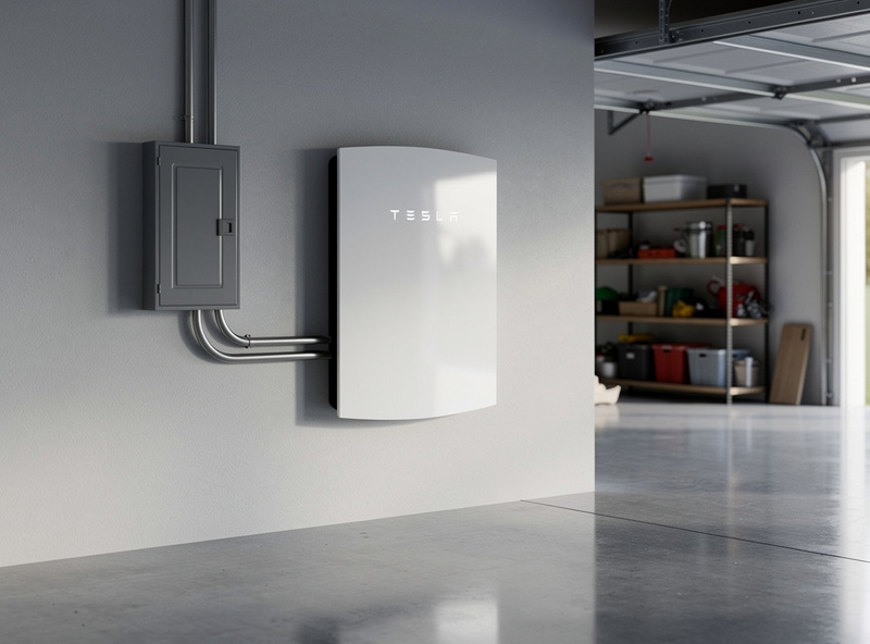 Tesla Powerwall 3 LiFePO4 unit installed on garage wall in a modern home energy storage installation