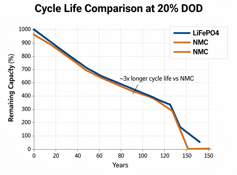 Cycle life curve graph showing LiFePO4 lasting 3x longer than NMC at 80% DOD over years