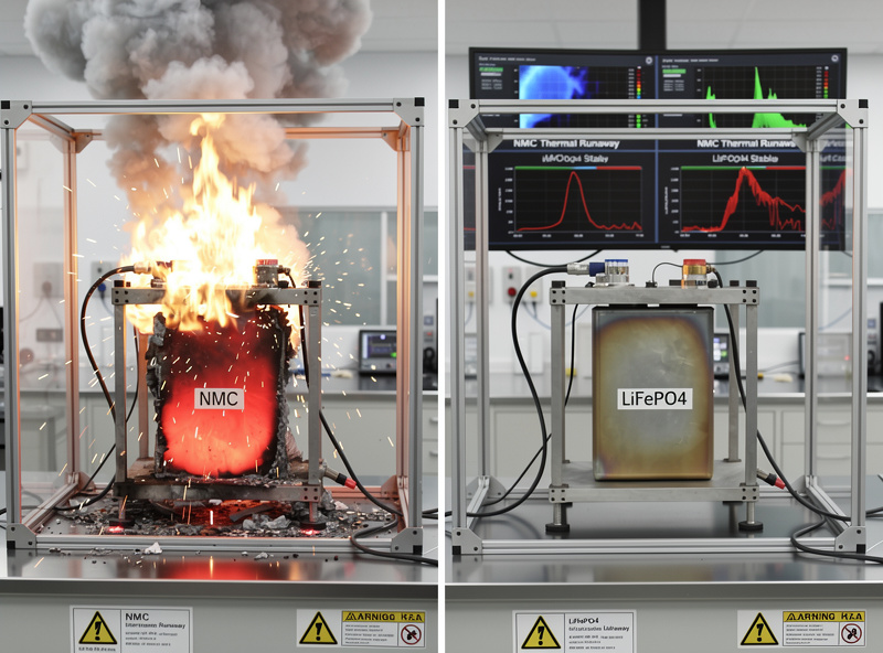 Thermal runaway test demonstration showing NMC cell ignition versus LiFePO4 stable behavior