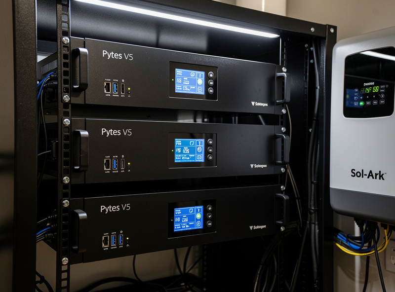 Three Pytes V5 server rack battery units stacked in a 19 inch rack with cable connections visible going to a hybrid inverter and active status displays