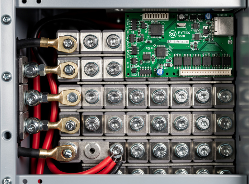 Internal view of a Pytes V5 server rack battery showing the LiFePO4 cells BMS board and connection terminals with the case removed