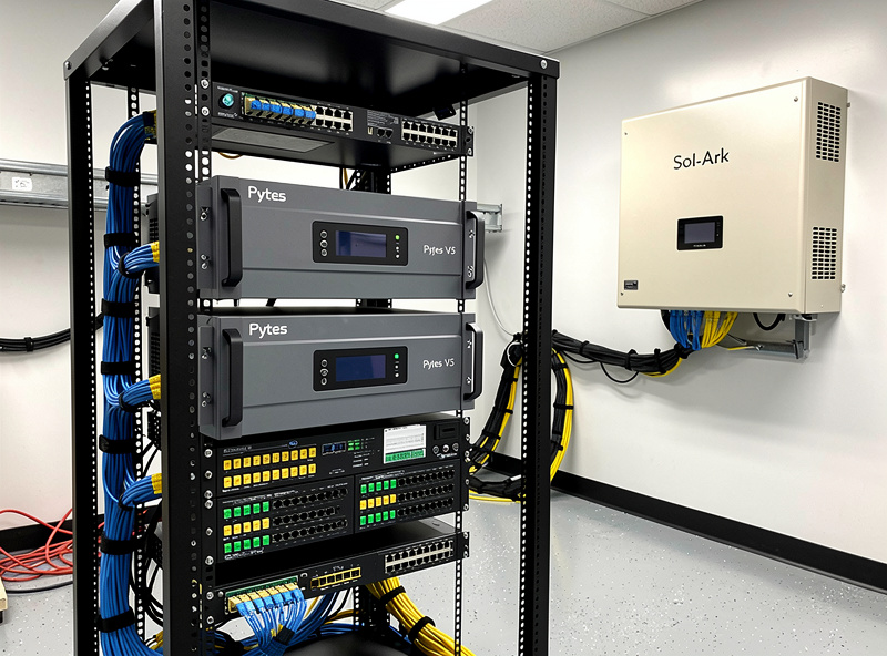 Complete homelab installation with three Pytes V5 batteries stacked in a server rack alongside a Sol-Ark inverter networking equipment and clean cable management