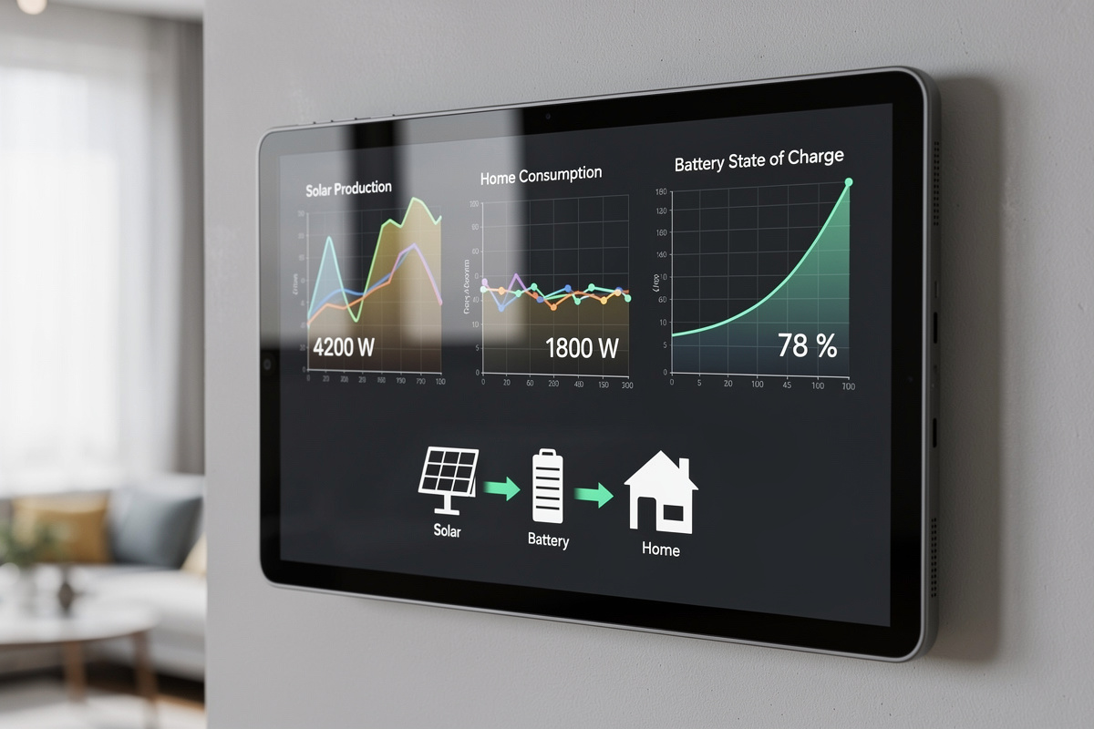 Home Assistant energy dashboard with live solar production, consumption, and battery state of charge