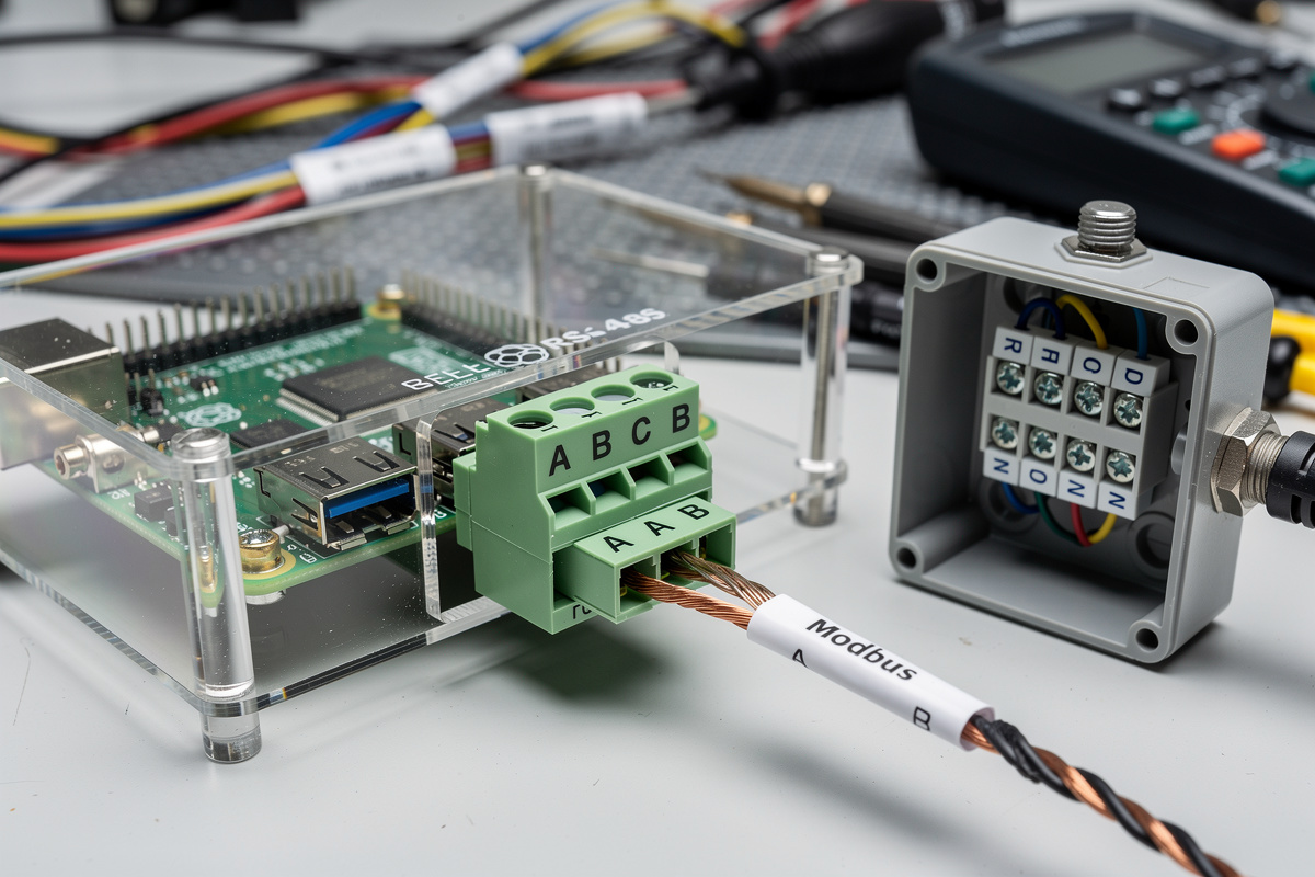 USB to RS-485 adapter connecting Raspberry Pi to inverter Modbus interface