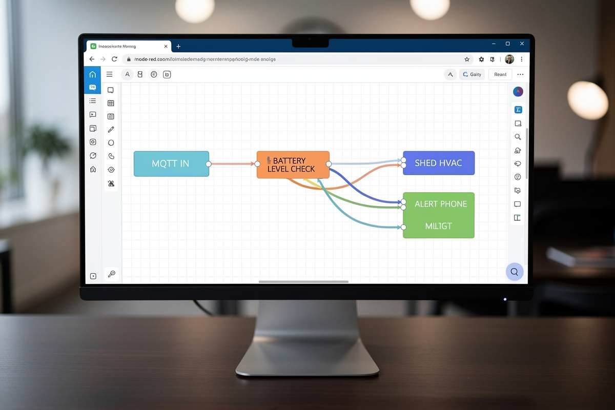 Node-RED flow editor showing inverter monitoring automation with MQTT input and conditional outputs