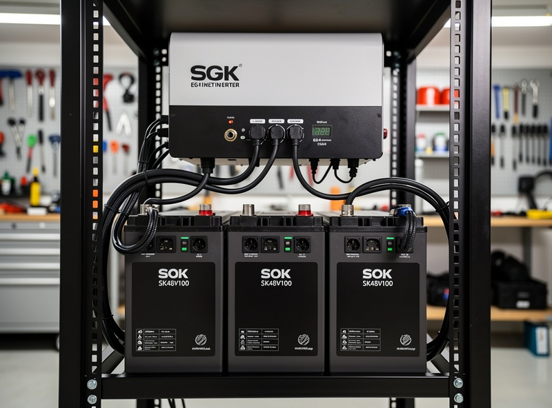 Three SOK SK48V100 server rack battery units stacked in a 19 inch rack with cable connections to an EG4 18kPV hybrid inverter and active LCD status displays
