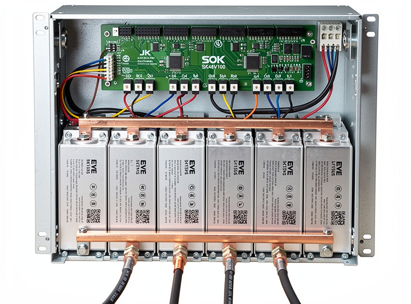 Internal view of a SOK SK48V100 server rack battery showing 16 EVE LF105 prismatic LiFePO4 cells with the JK 200A BMS circuit board mounted above