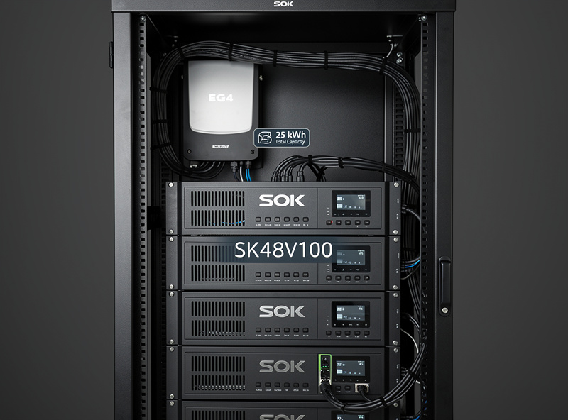 Expanded SOK battery bank with five SK48V100 units stacked in a server rack showing 25 kWh total capacity with EG4 inverter and clean cable management