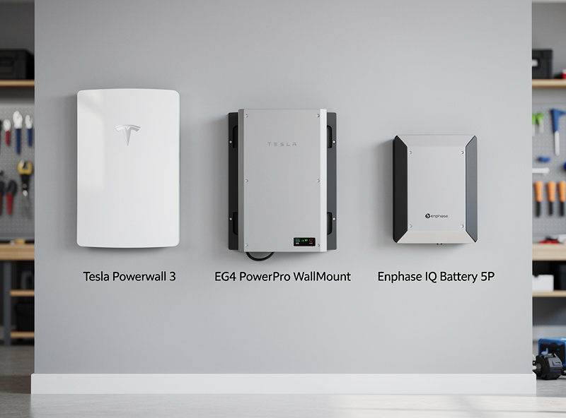 Side by side comparison of Tesla Powerwall 3 EG4 PowerPro WallMount and Enphase IQ Battery 5P on a workshop wall with cable connections visible