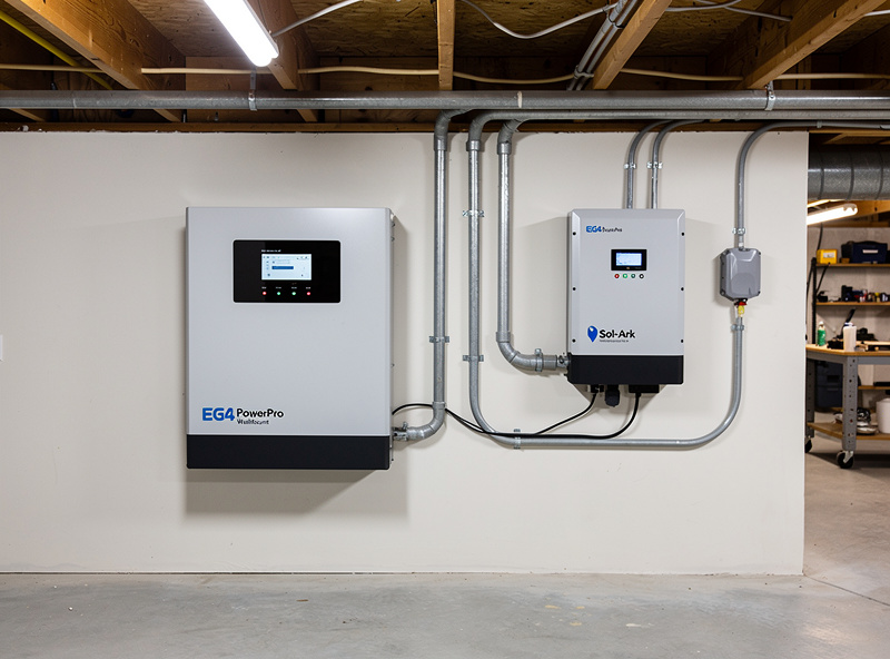 EG4 PowerPro WallMount battery storage system installed on a basement wall with a Sol-Ark hybrid inverter mounted next to it and electrical conduit connections visible
