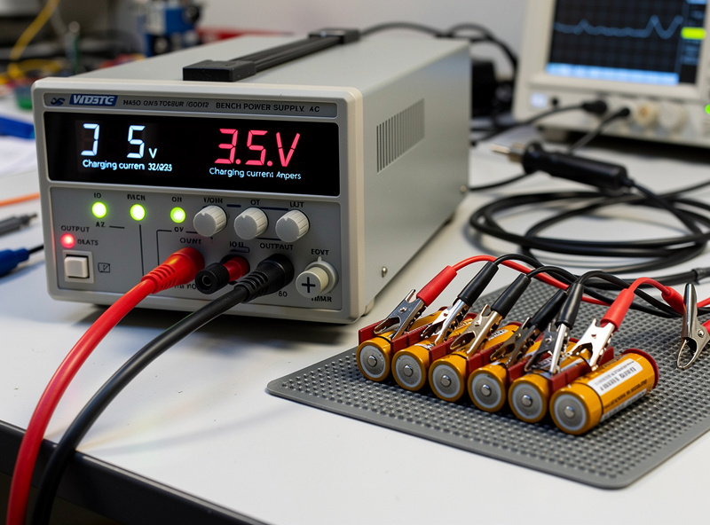 Power supply set to 3.5V charging parallel-connected cells with current visible on display