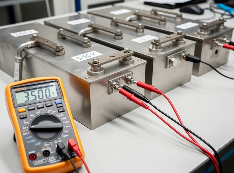 Voltage measurement of perfectly balanced LiFePO4 cells all at 3.5V after top balancing complete