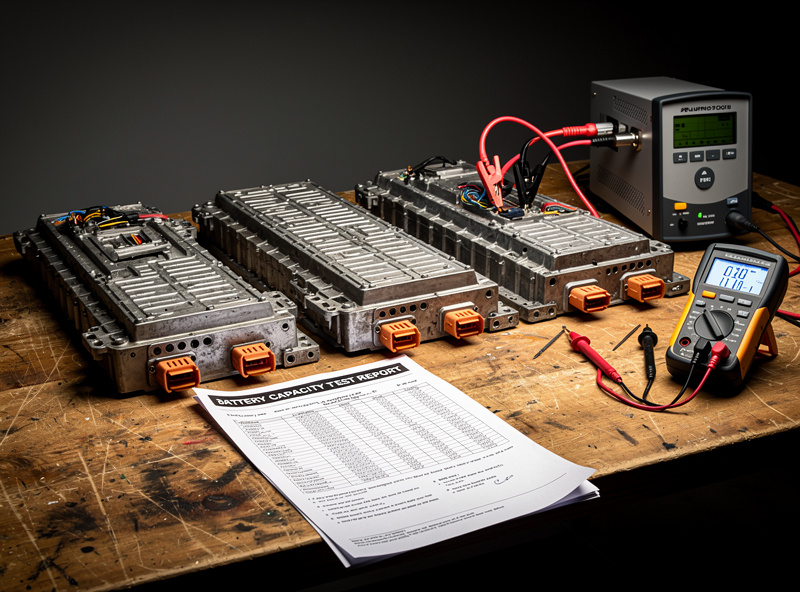 Three used Tesla Model S battery modules being inspected on a workbench with multimeter and BMS programming setup visible alongside