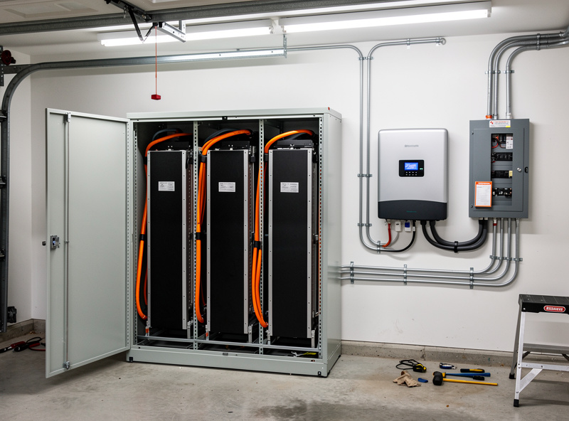 Complete used Tesla Model S module home battery installation showing three modules in a fire rated enclosure with hybrid inverter and electrical panel connections in a garage
