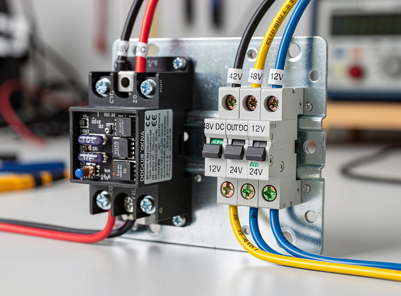 Close-up of DC-DC converter and circuit breaker panel with 48V input feeding 12V and 24V output rails for network gear with color-coded cables