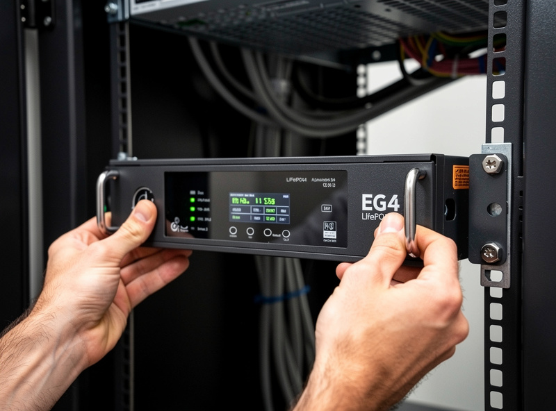 EG4 or similar server rack LiFePO4 battery being installed by hands holding the front bezel professional installation editorial photography