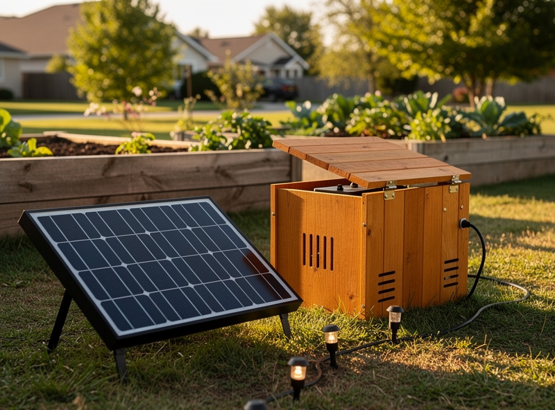 Small ground-mounted 100W solar panel in a residential backyard with a wooden enclosure beside it housing a battery and charge controller, garden path lights leading away from the panel