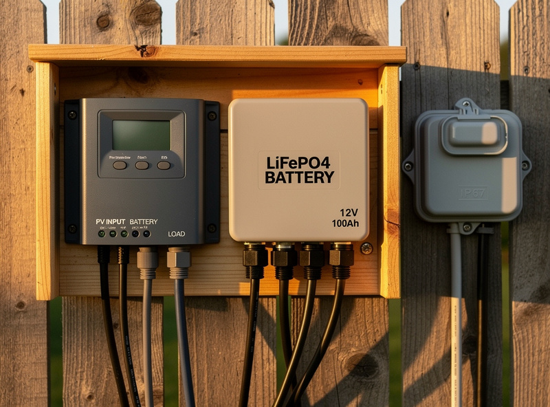 Close-up of a charge controller and battery in a small wooden enclosure mounted on a fence, with weatherproof cable glands and an IP67 junction box visible beside it
