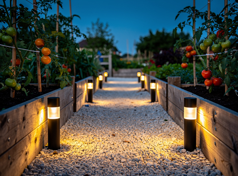 Garden path at dusk illuminated by warm-white LED bollard lights, raised vegetable beds visible to the side, soft amber light pooling on the gravel path