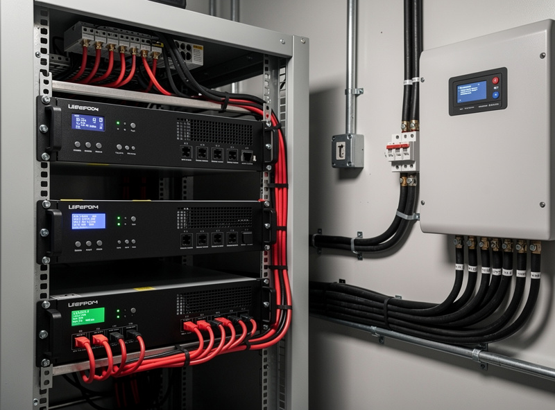 Server-rack LiFePO4 battery bank with three stacked batteries and hybrid inverter on wall