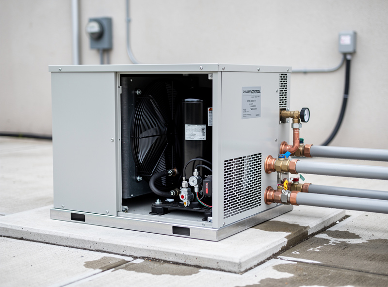 Outdoor cold plunge chiller compressor unit on a concrete pad with refrigerant lines