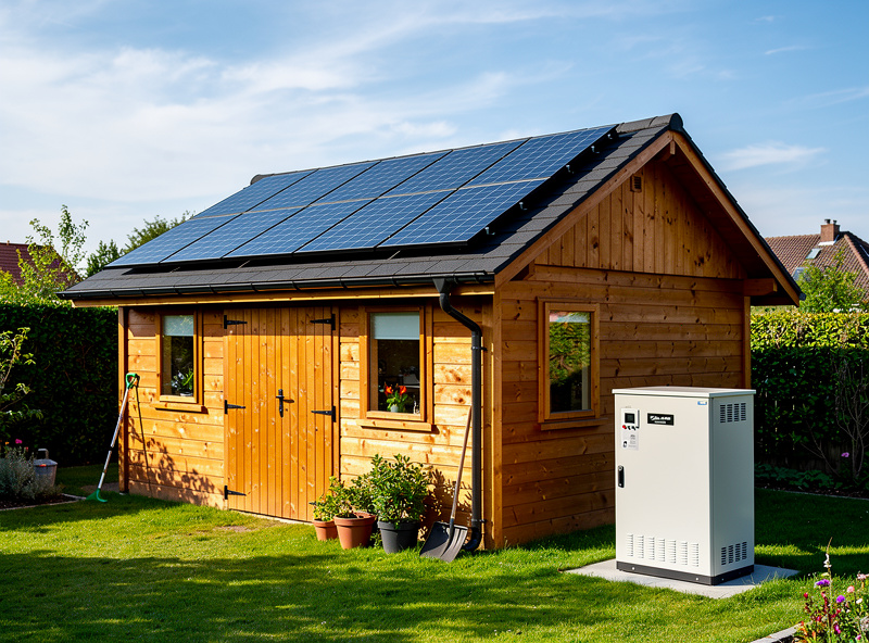 Solar panels mounted on a backyard shed roof with battery enclosure visible nearby