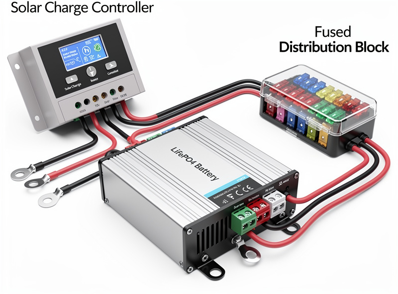 LiFePO4 battery with charge controller and fused distribution block for solar system