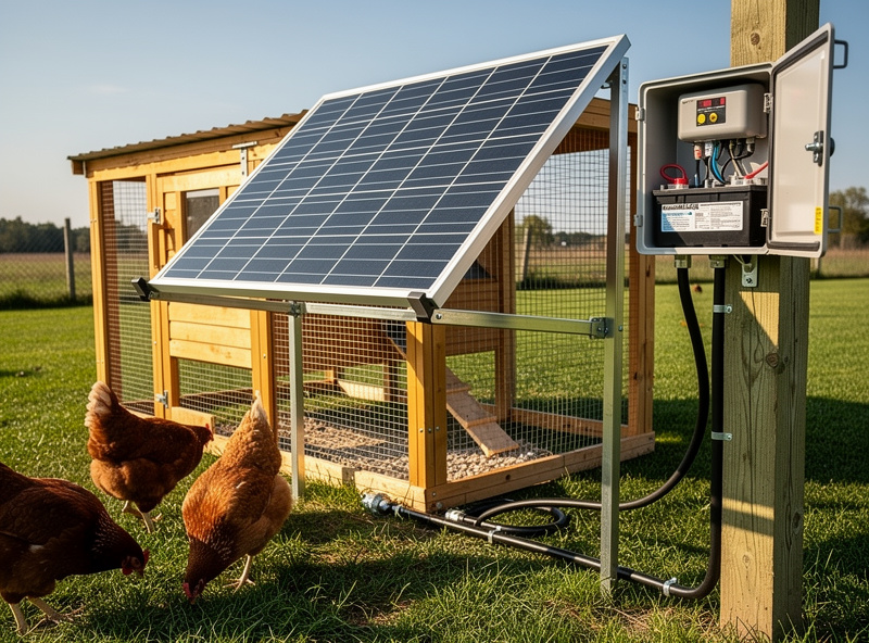 100 watt solar panel mounted near chicken coop with wiring to battery box