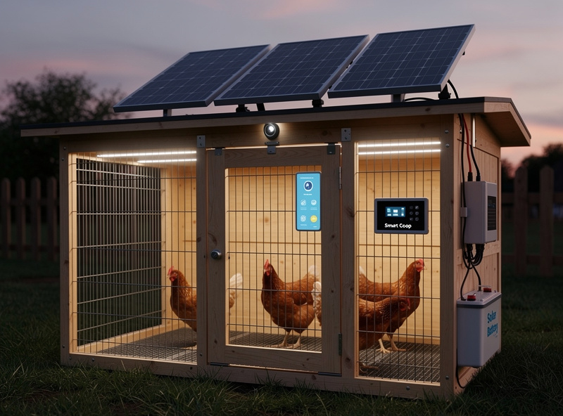 Smart chicken coop with automated door camera and LED lights on solar power