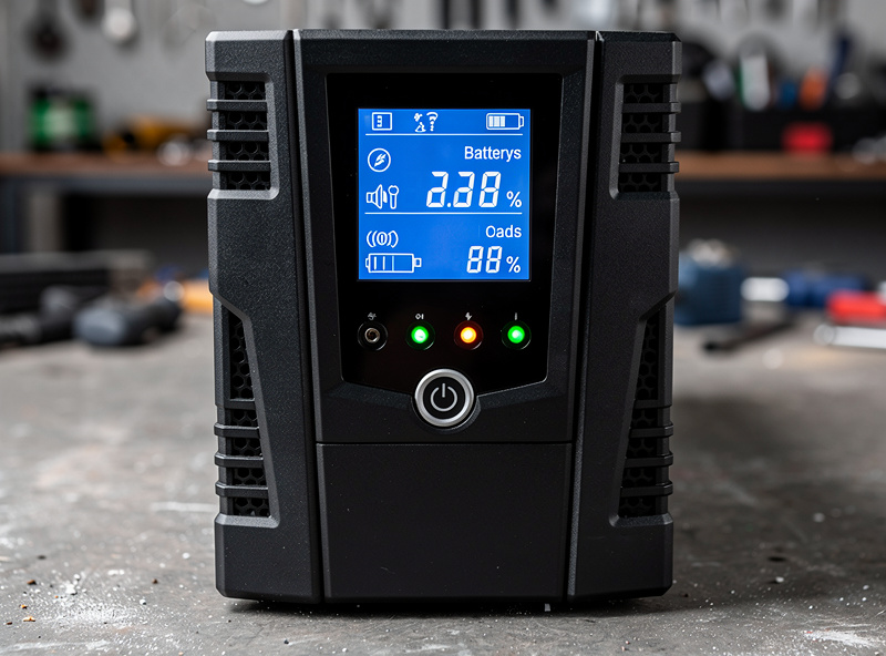 Tower line-interactive UPS unit showing LCD display with battery percentage and load watts
