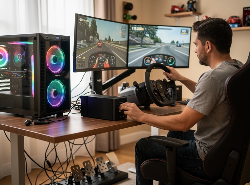 Person plugging gaming PC and monitor power strip into a UPS battery backup unit